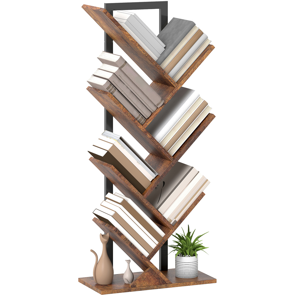 HOMCOM 6 Shelf Rustic Brown Steel Frame Tree Bookshelf Image 2