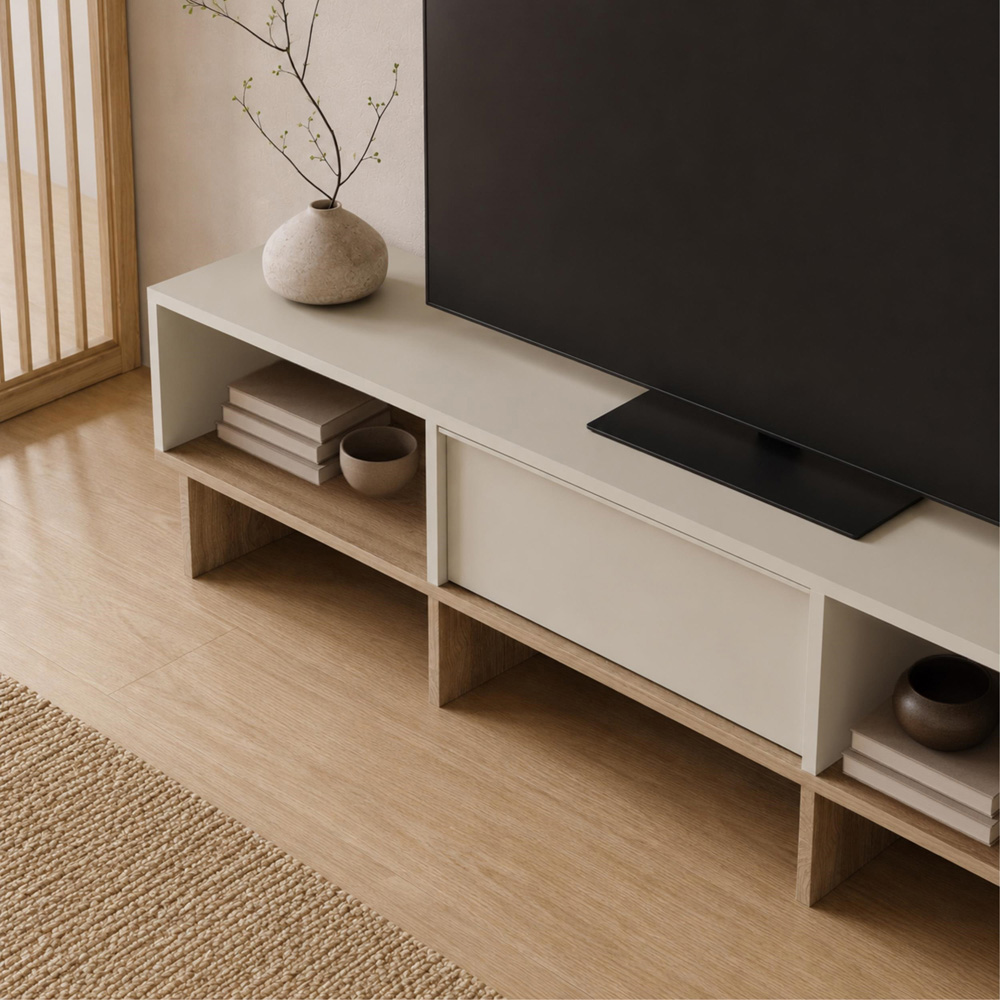 Decortie Yuki Single Flip Down Door 2 Open Shelf Sandstone TV Unit Image 3