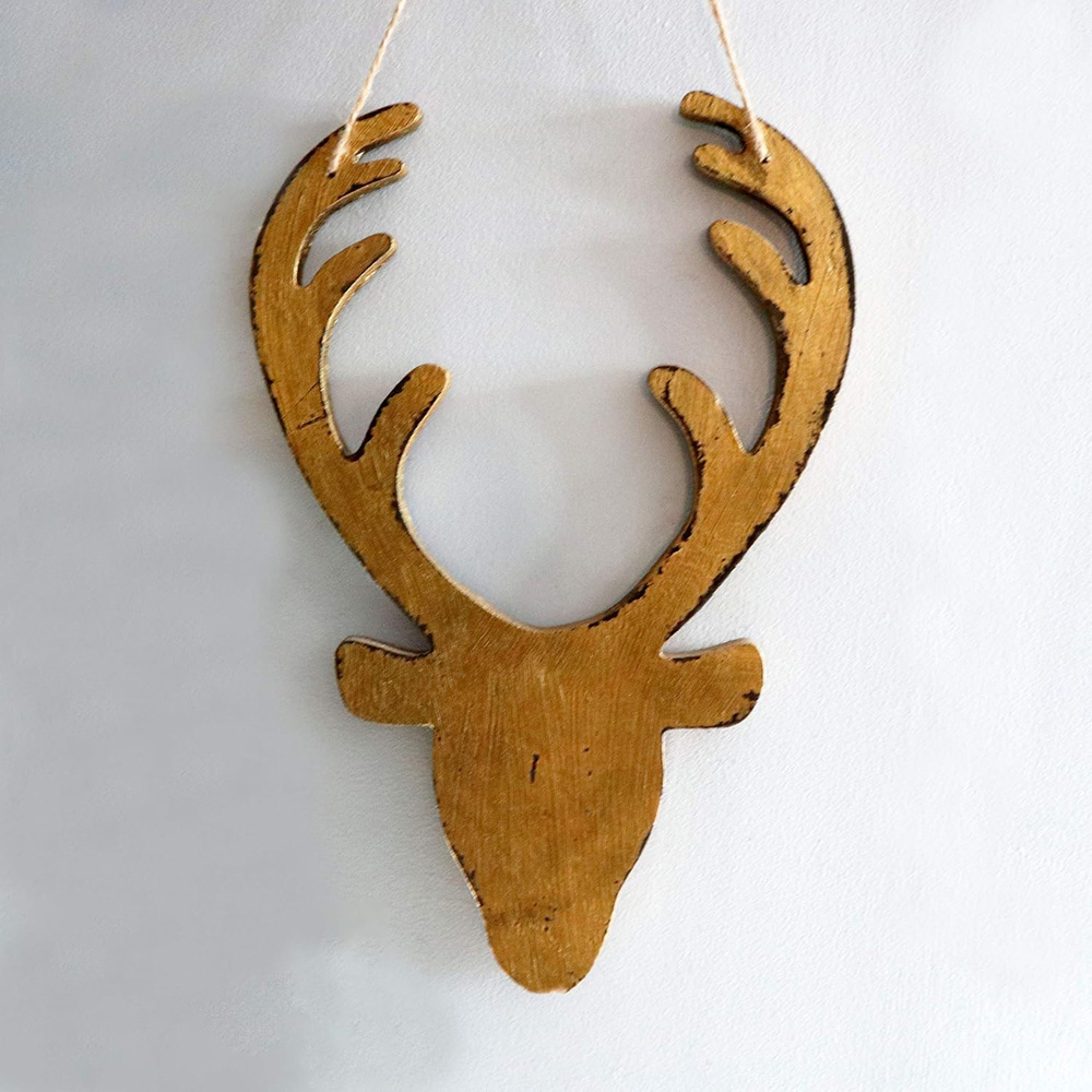 Shatchi Golden Deer Head Wooden Hanging Christmas Decoration 26cm Image 2