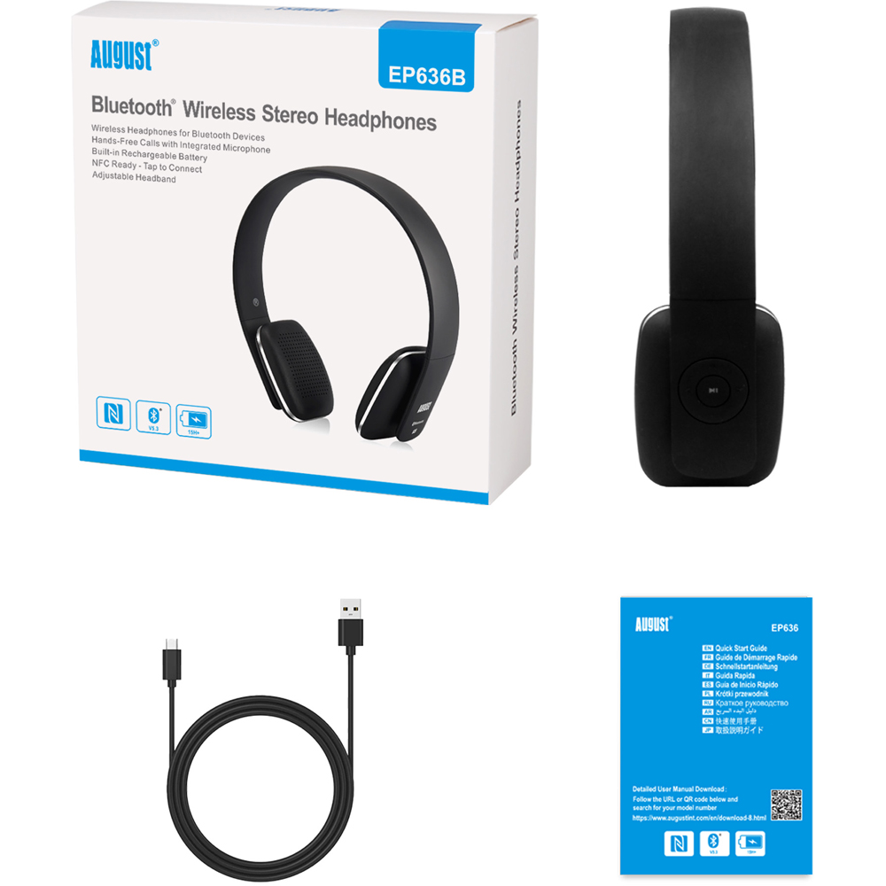 August EP636B Black Wireless Rechargeable On-Ear NFC Bluetooth Headphones with Mic Image 5