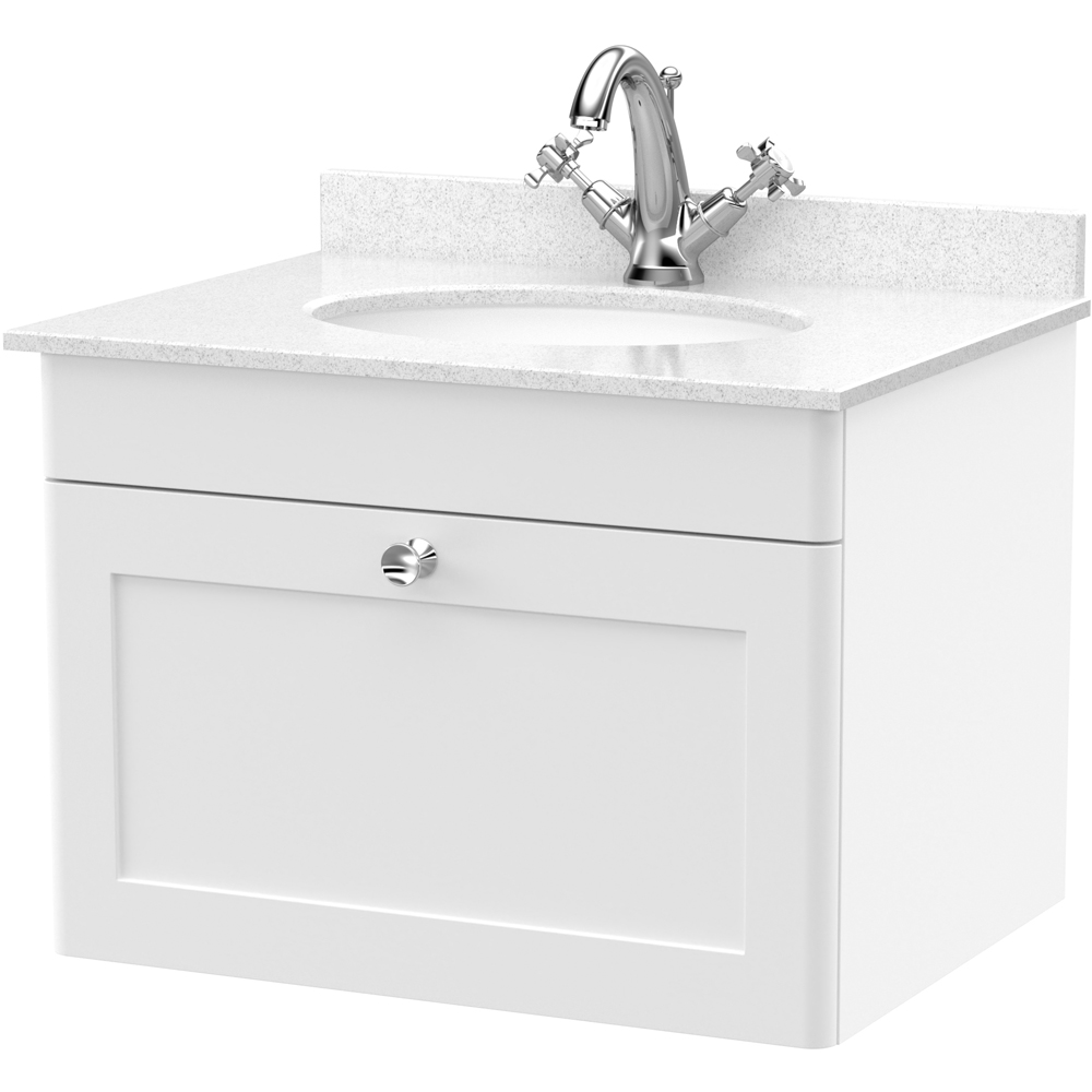 nuie Classique Single Drawer Satin White Wall Hung Unit and 1 Tap Hole Marble Basin 600mm Image 1