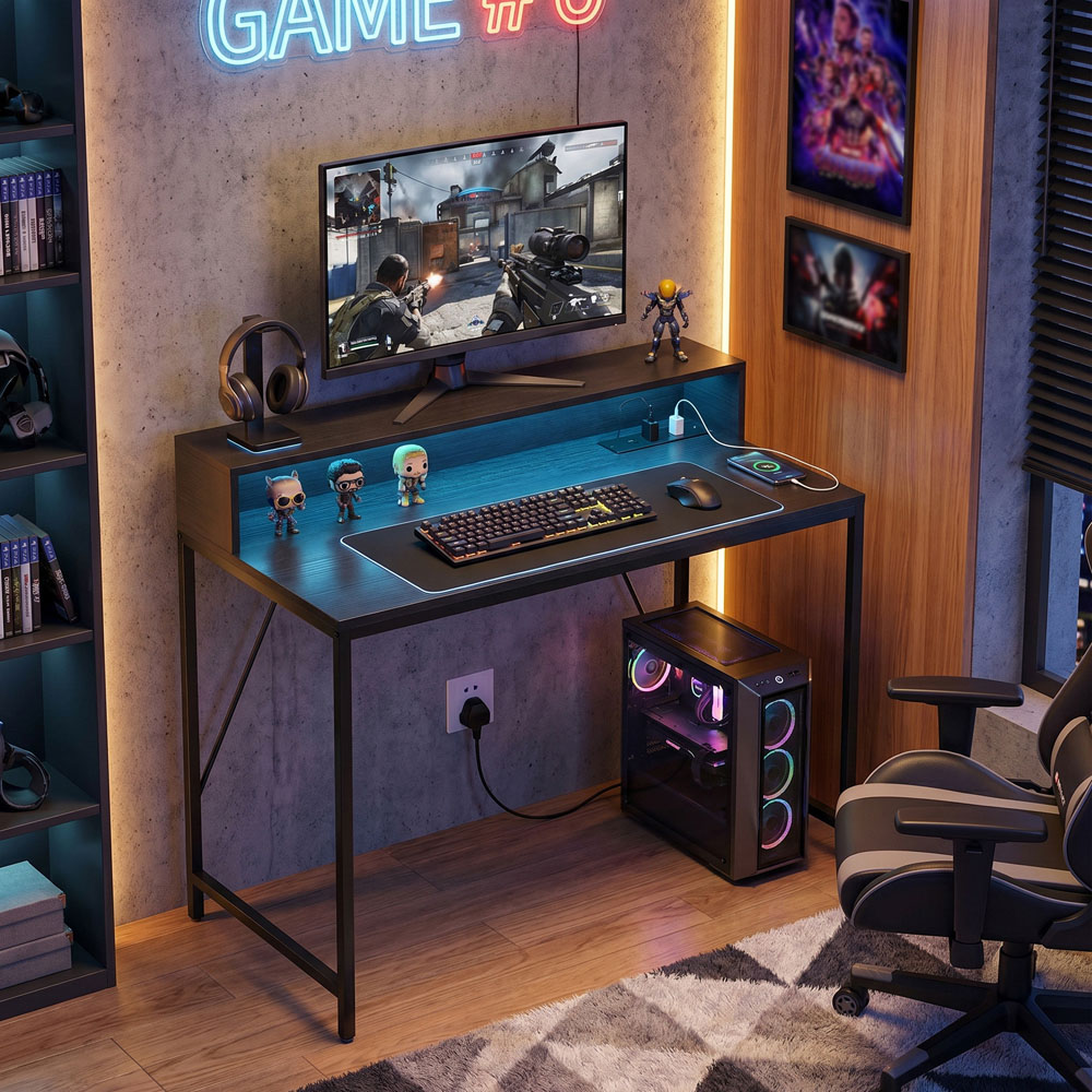 HOMCOM Gaming Desk with LED and Power Outlets Black Wood-Effect Image 3