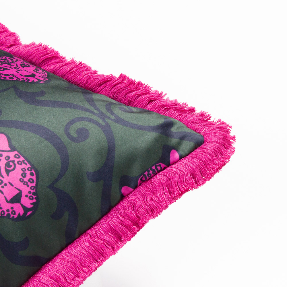 Paoletti Lupita Emerald and Pink Fringed Cushion Image 4