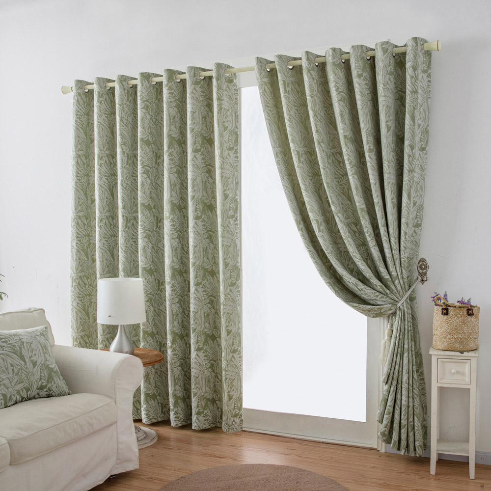 Alan Symonds Green Chenille Jacquard Lined Ring Top Eyelet Curtains 229 x 229cm Image 1