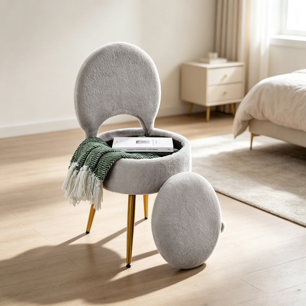 Living and Home Grey Faux Rabbit Fur Round Back Foldable Vanity Chair with Storage Image 7