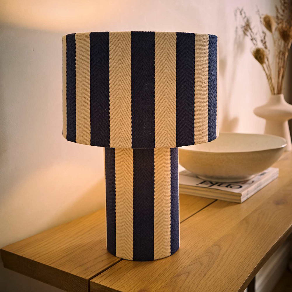 ValueLights Florence Navy Pinstripe Linen LED Table Lamp with Bulb Image 2