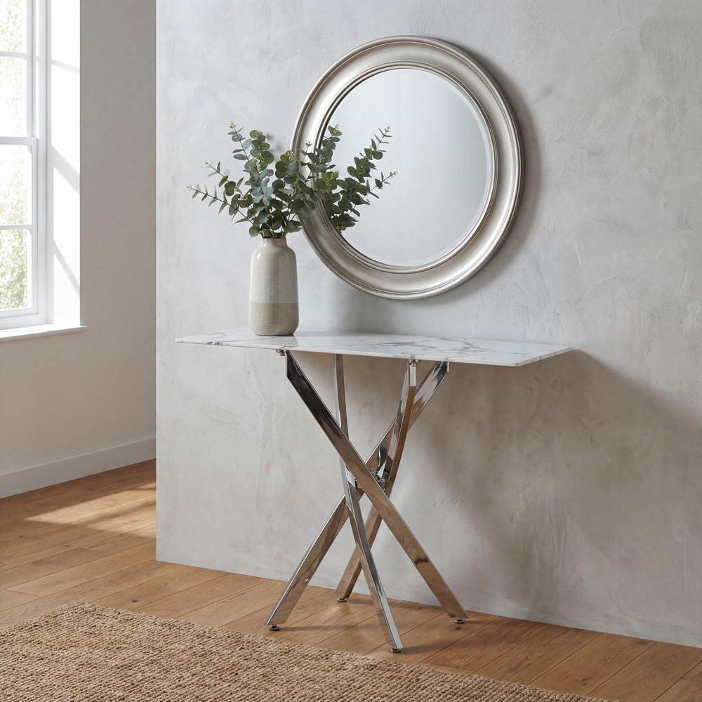 wilko Monaco Chrome and White Marble Glass Console Table Image 9