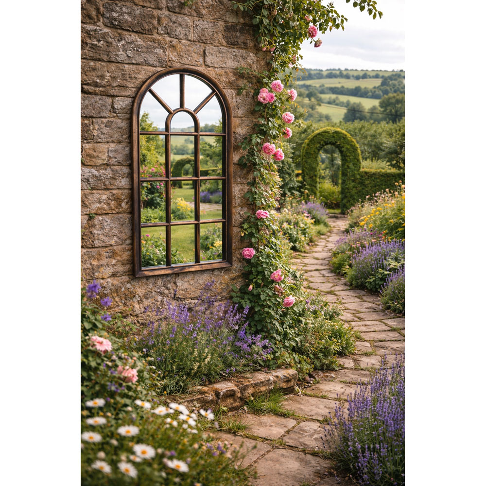 Avilo Antique Bronze Effect Arched Garden Wall Mirror 70 x 35cm Image 4