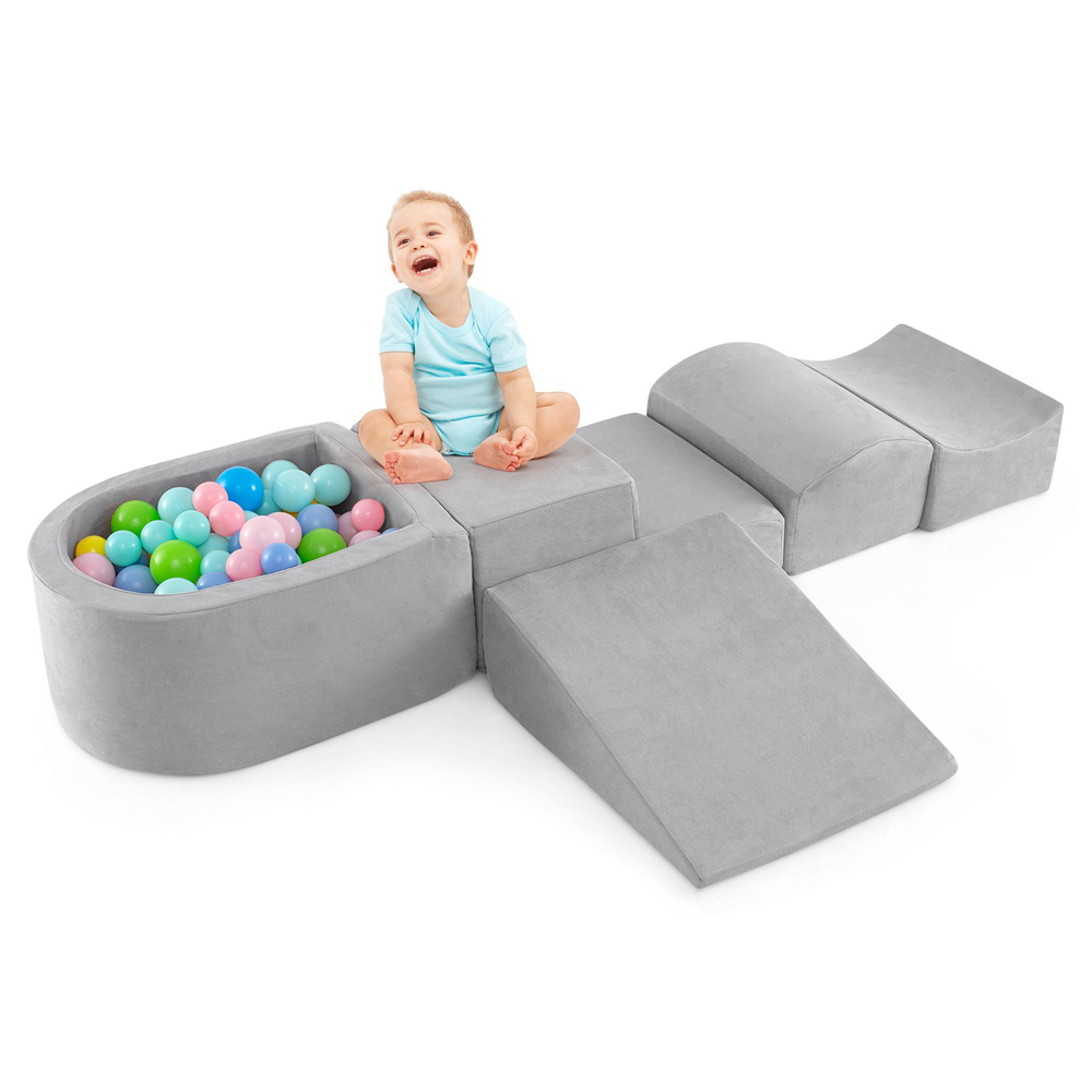 Costway Kids Grey 5 Piece Climb and Crawl Play Set with Ball Pit Image 4