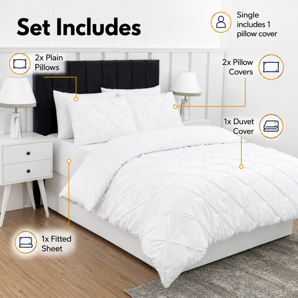 MHG Living Single White Pintuck Duvet Cover Set with Fitted Sheet and 3 Pillowcase Image 9