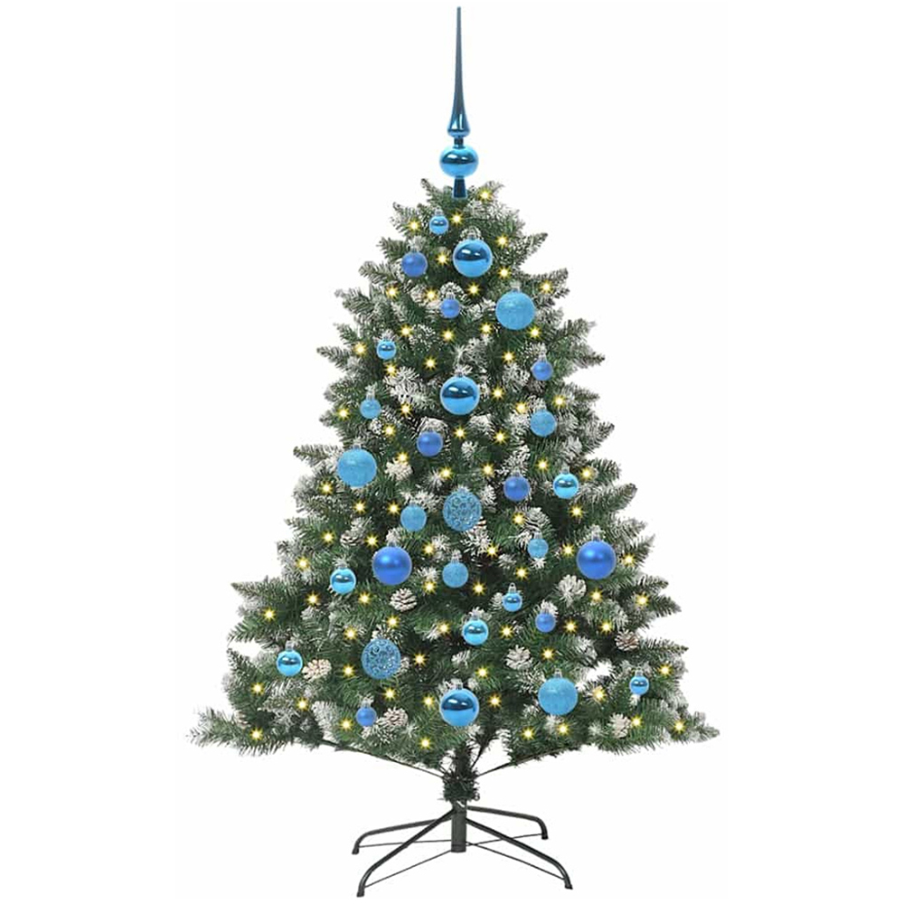 vidaXL Pre-Lit Blue Bauble Pinecones Green Snow Flocked Artificial Christmas Tree 4ft Image 1