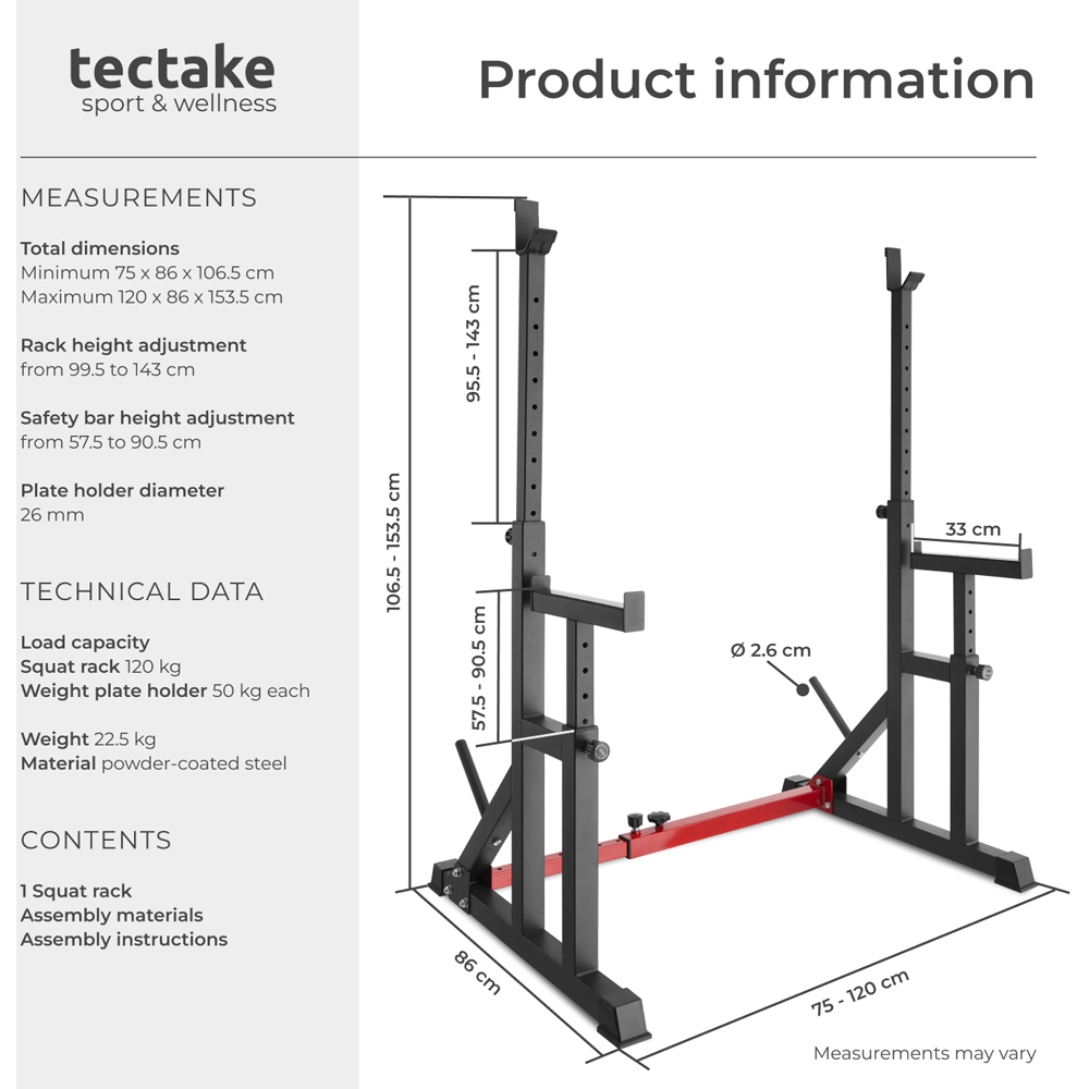 tectake Creed Adjustable Squat Rack with 2 Weight Plates Holder Image 8