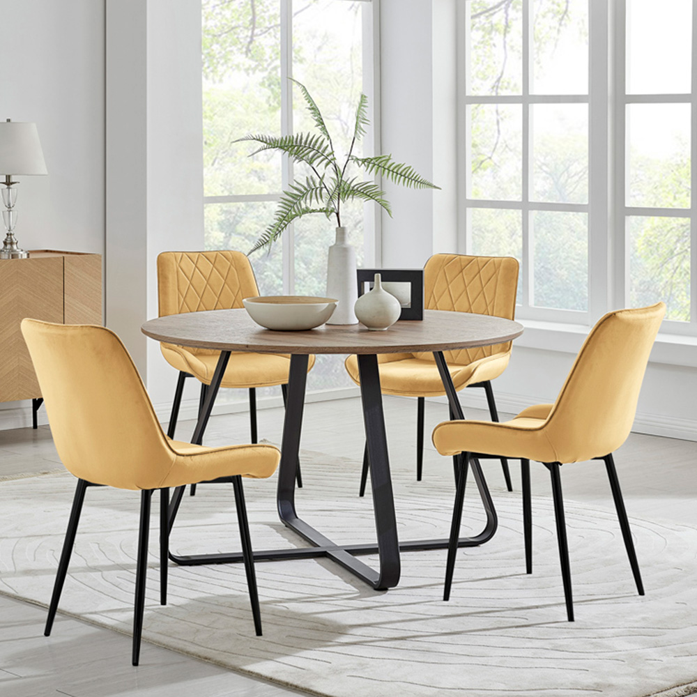 Furniturebox Fira Cesano Wood Effect 4 Seater Round Dining Set Brown Mustard Yellow and Black Image 1