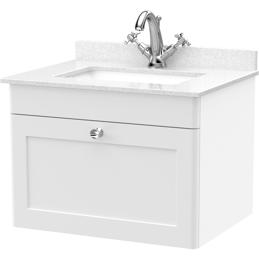 nuie Classique Single Drawer Satin White Wall Hung Unit and 1 Tap Hole Marble Top Square Basin 600mm Image 1