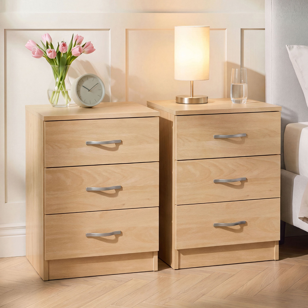 Vida Designs Riano 3 Drawer Pine Melamine Finish Bedside Table Set of 2 Image 1