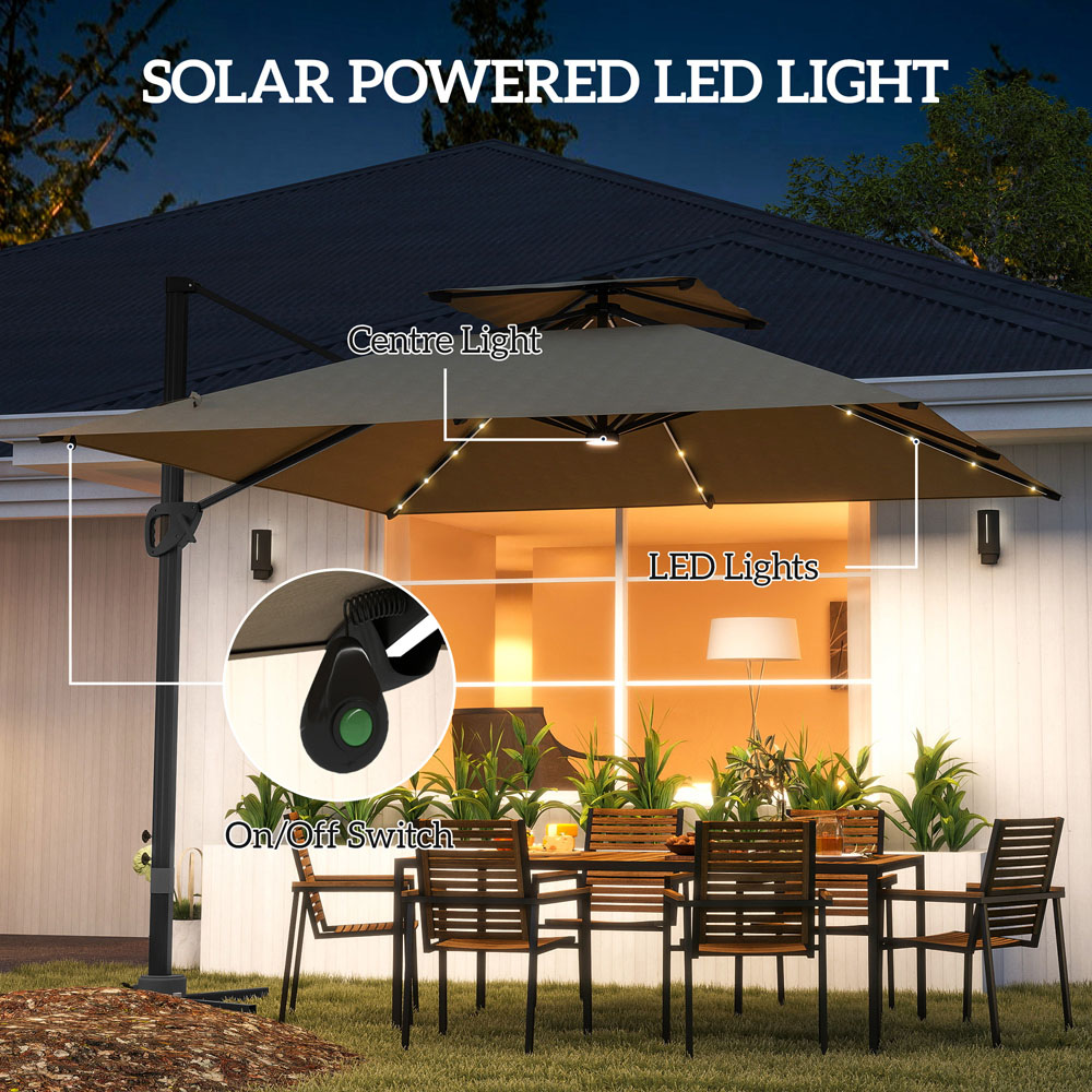 Outsunny 2 Tier Khaki Aluminium Solar LED Crank and Tilt Cantilever Parasol 3.5m Image 4