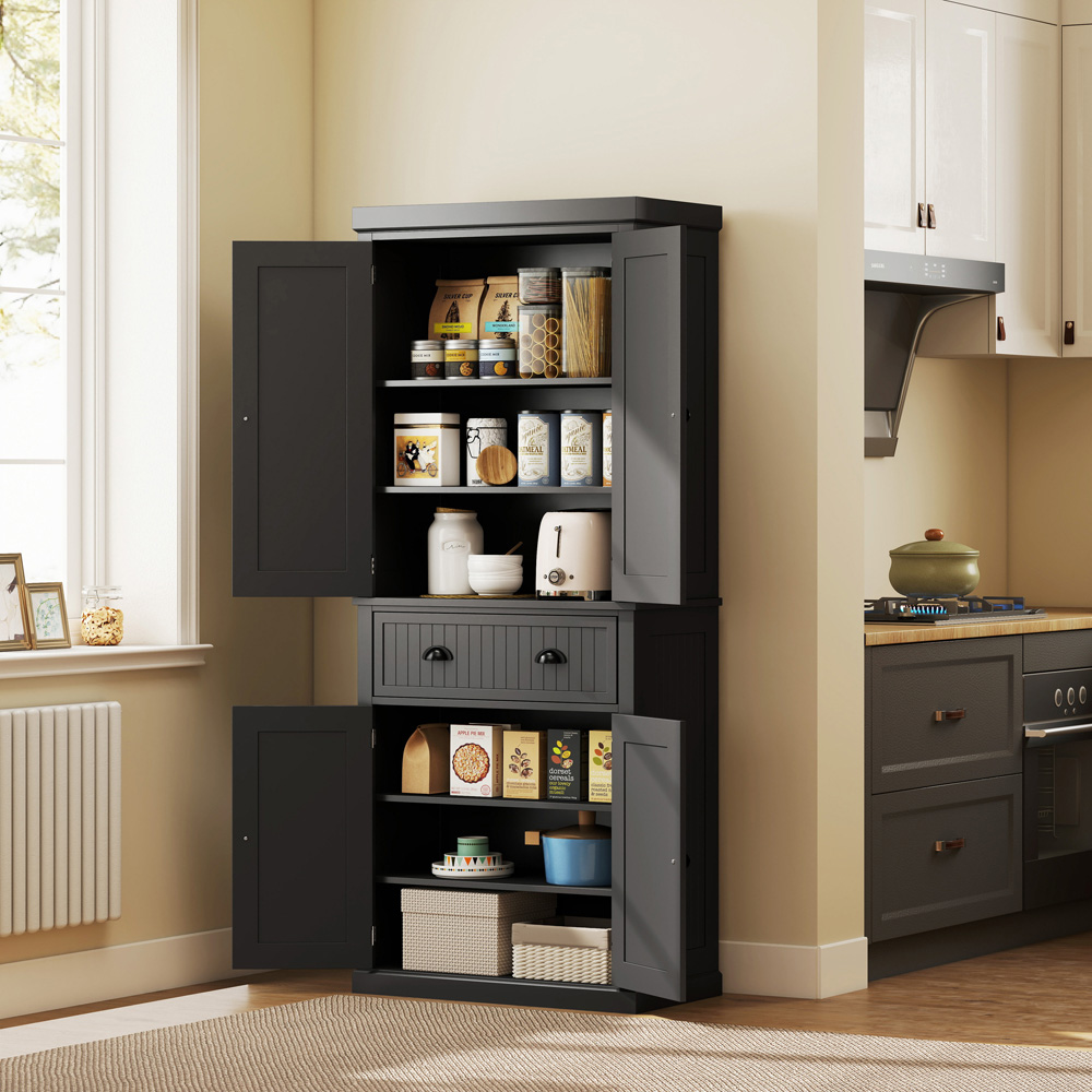 HOMCOM 4 Door Single Drawer Black Kitchen Storage Cabinet Image 3