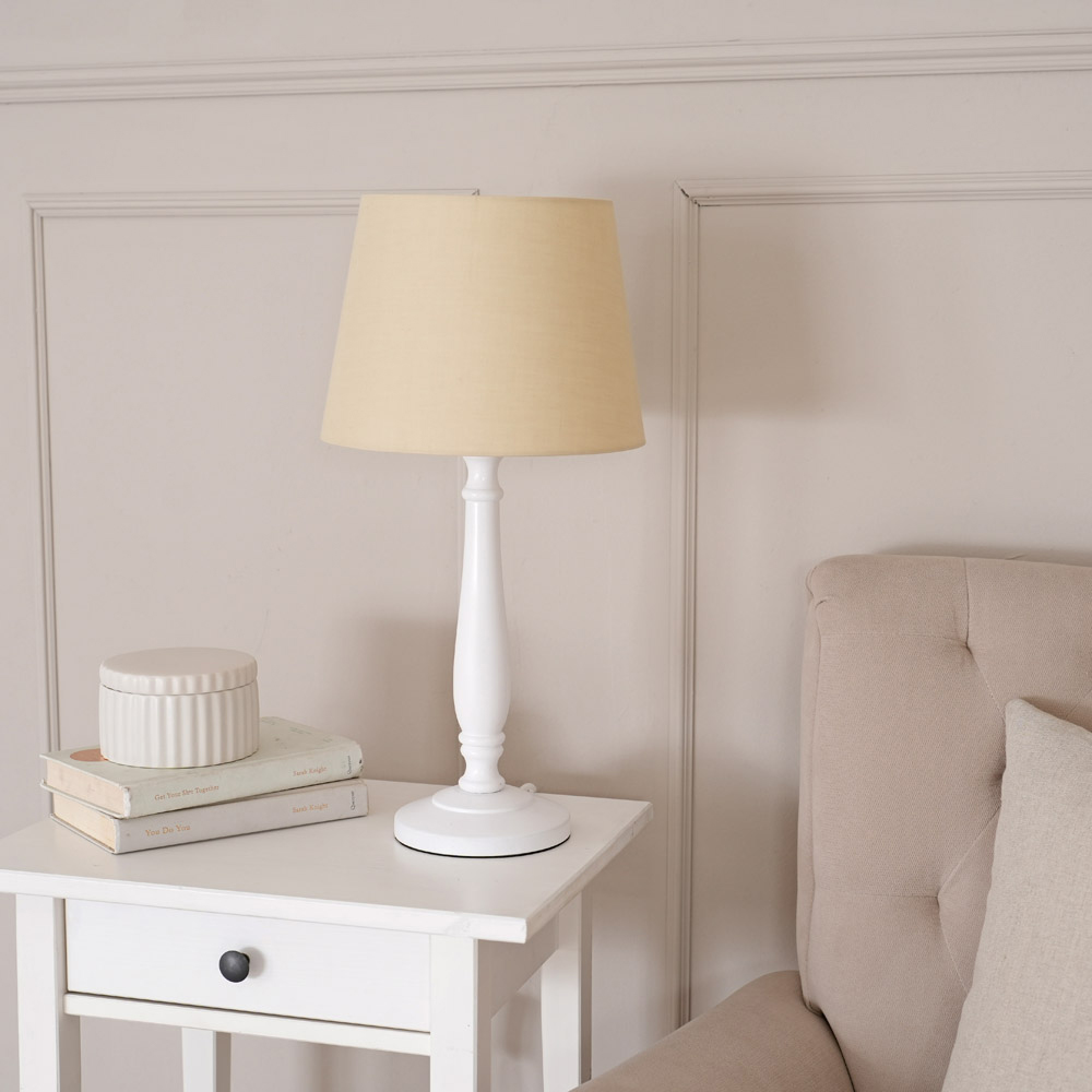 ValueLights Victoria Beige Fabric Tapered Shade White Wood Traditional Stem LED Table Lamp Image 3