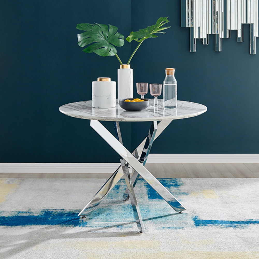 Furniturebox Arona 4 Seater Round Dining Table White Marble and Silver Image 7