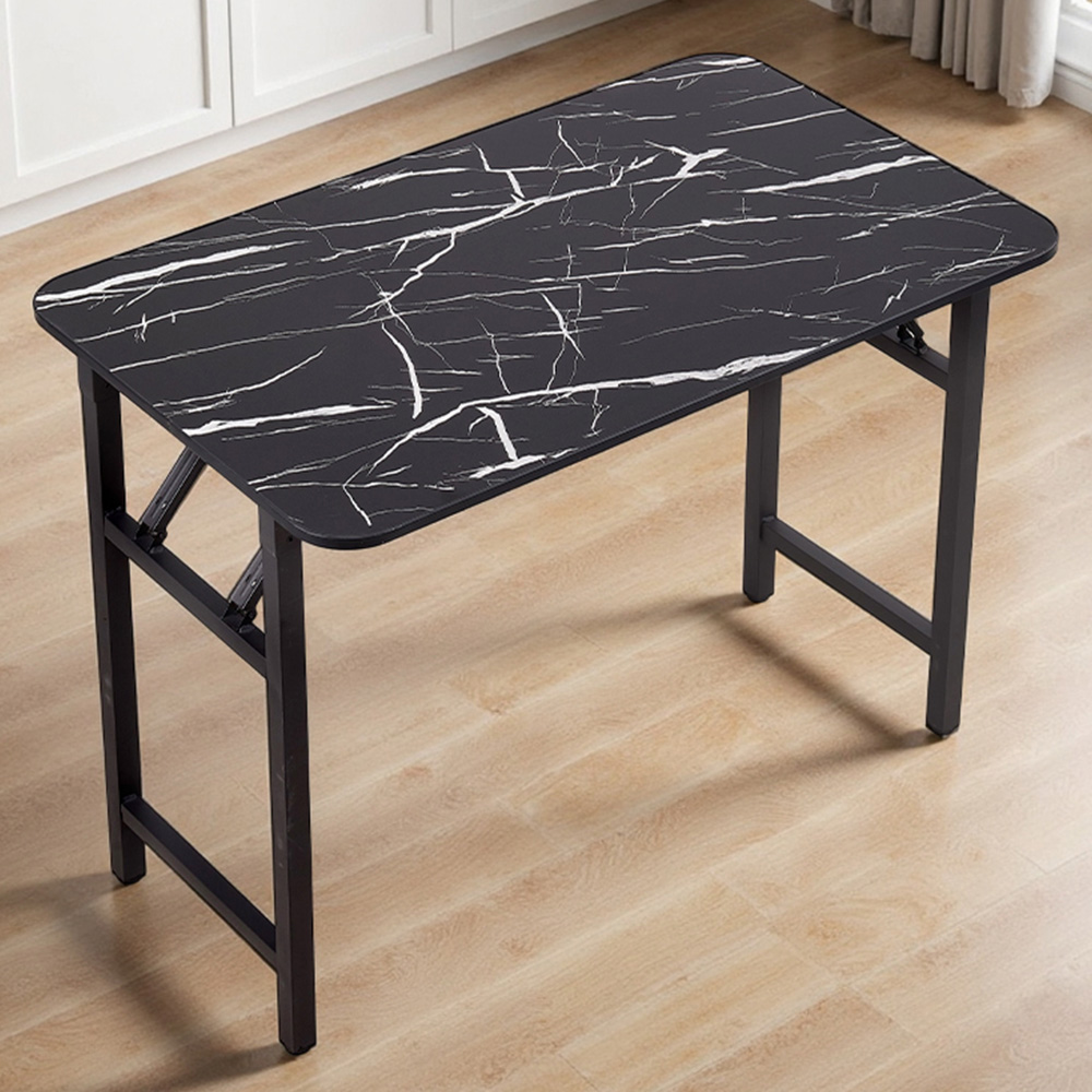Living and Home 4 Seater Black Marble Foldable Dining Table with Adjustable Feet Image 1