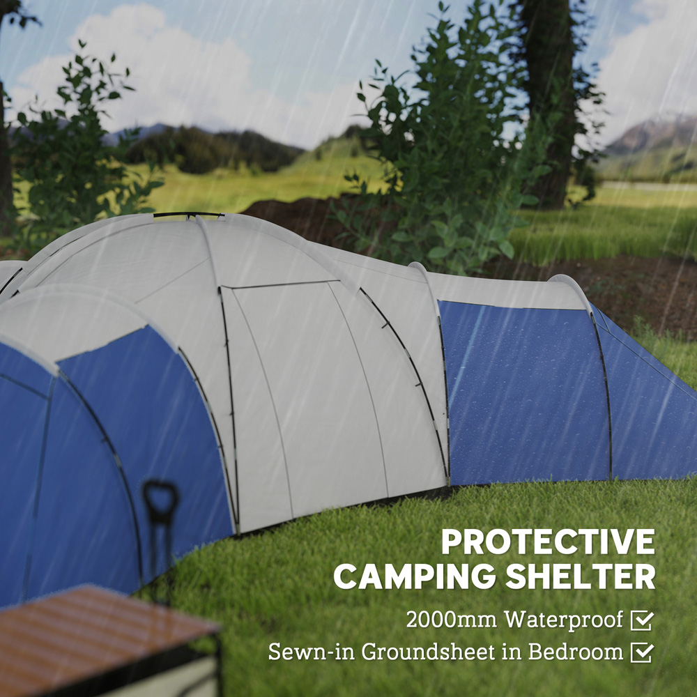 Outsunny 6-9 Person Tunnel Tent with 3 Bedroom and Porch Blue Image 5