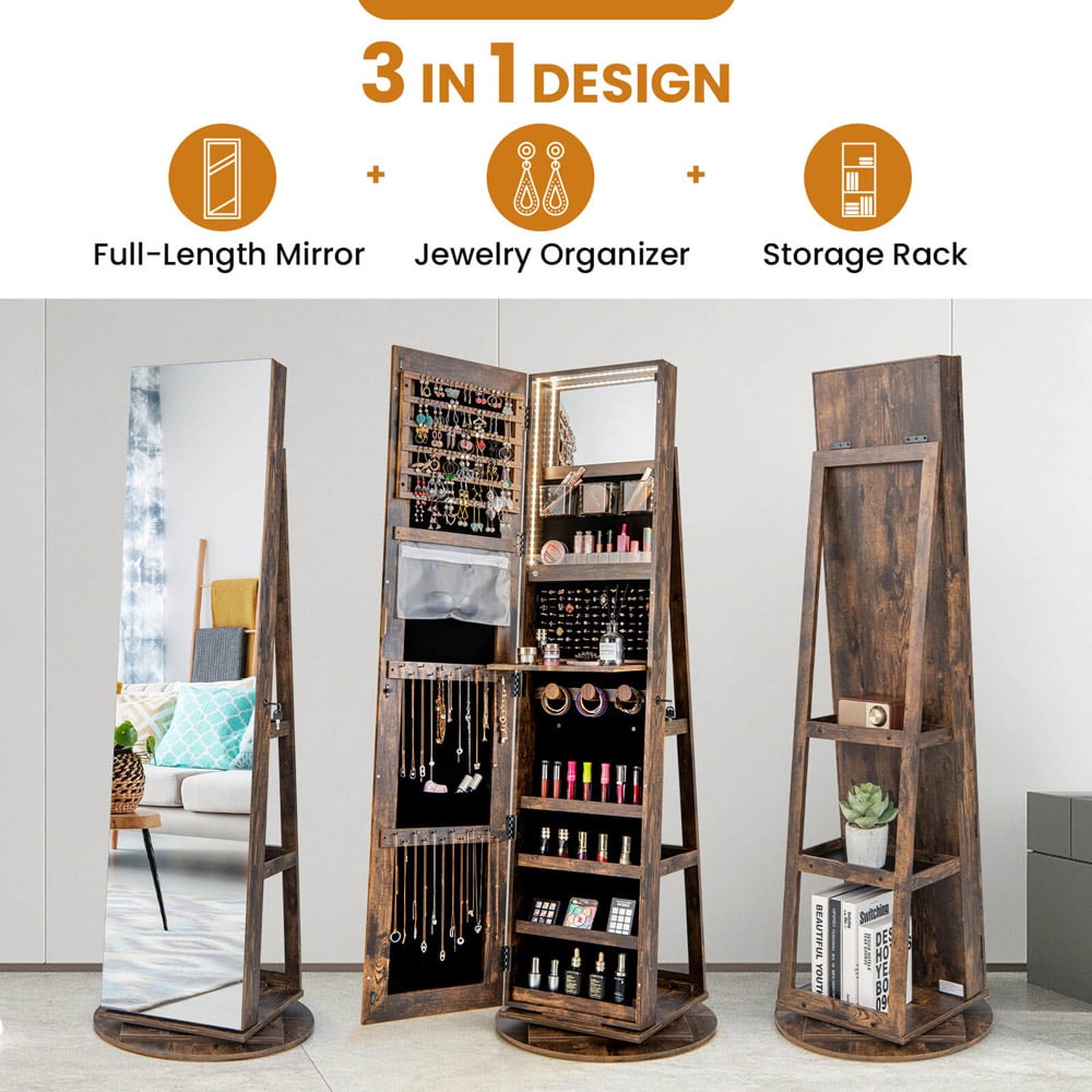 Costway Rustic Brown Mirrored Jewellery Armoire with Auto-On LED Lights Image 6