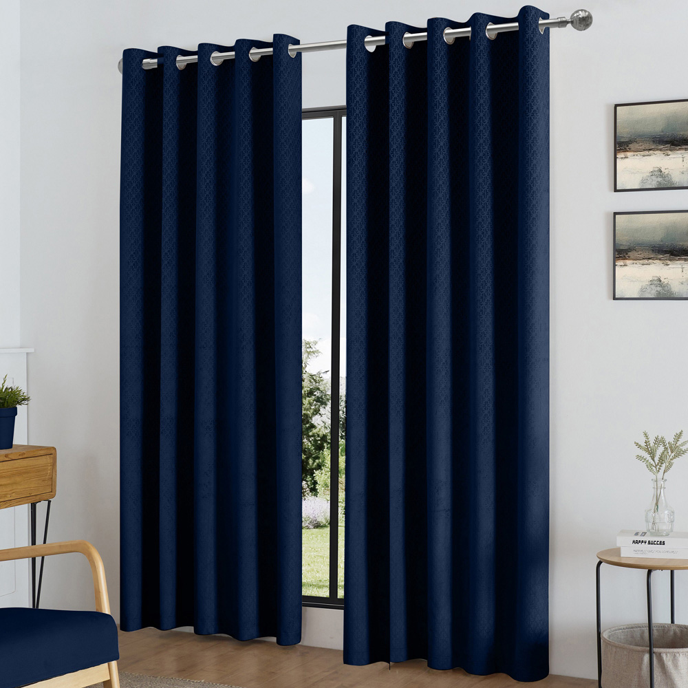 Alan Symonds Temple Navy Velvet Blackout Ring Top Eyelet Curtains 168 x 183cm Image 1