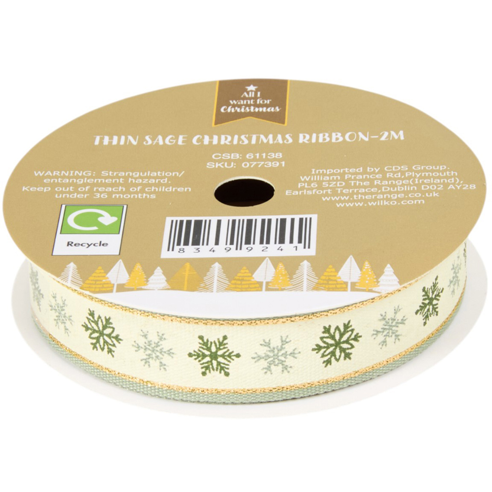 Pack of 3 Thin Sage Christmas Ribbons - Sage Green Image 2