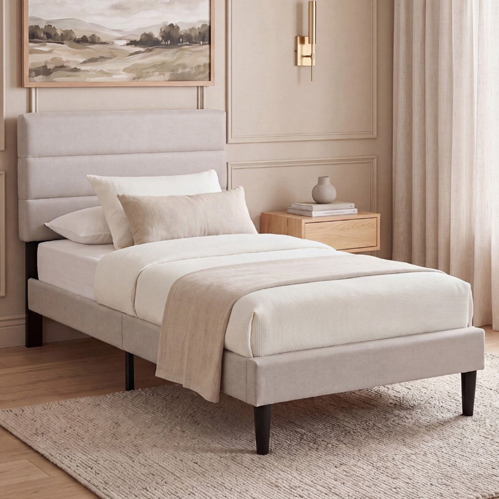 VIDA DESIGNS Vandura Single Beige Linen Fabric Bed with Memory Foam Bonnell Spring Mattress Image 1