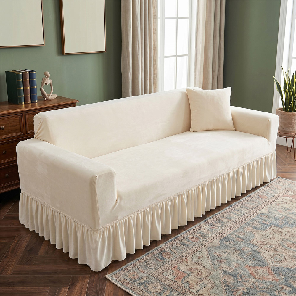 Living and Home 3 Seater Beige Vintage Plush Sofa Cover Image 2