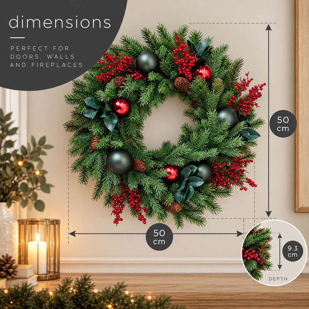 Neo Green Artificial Christmas Wreath with Berries and Pine Cones 50cm Image 7