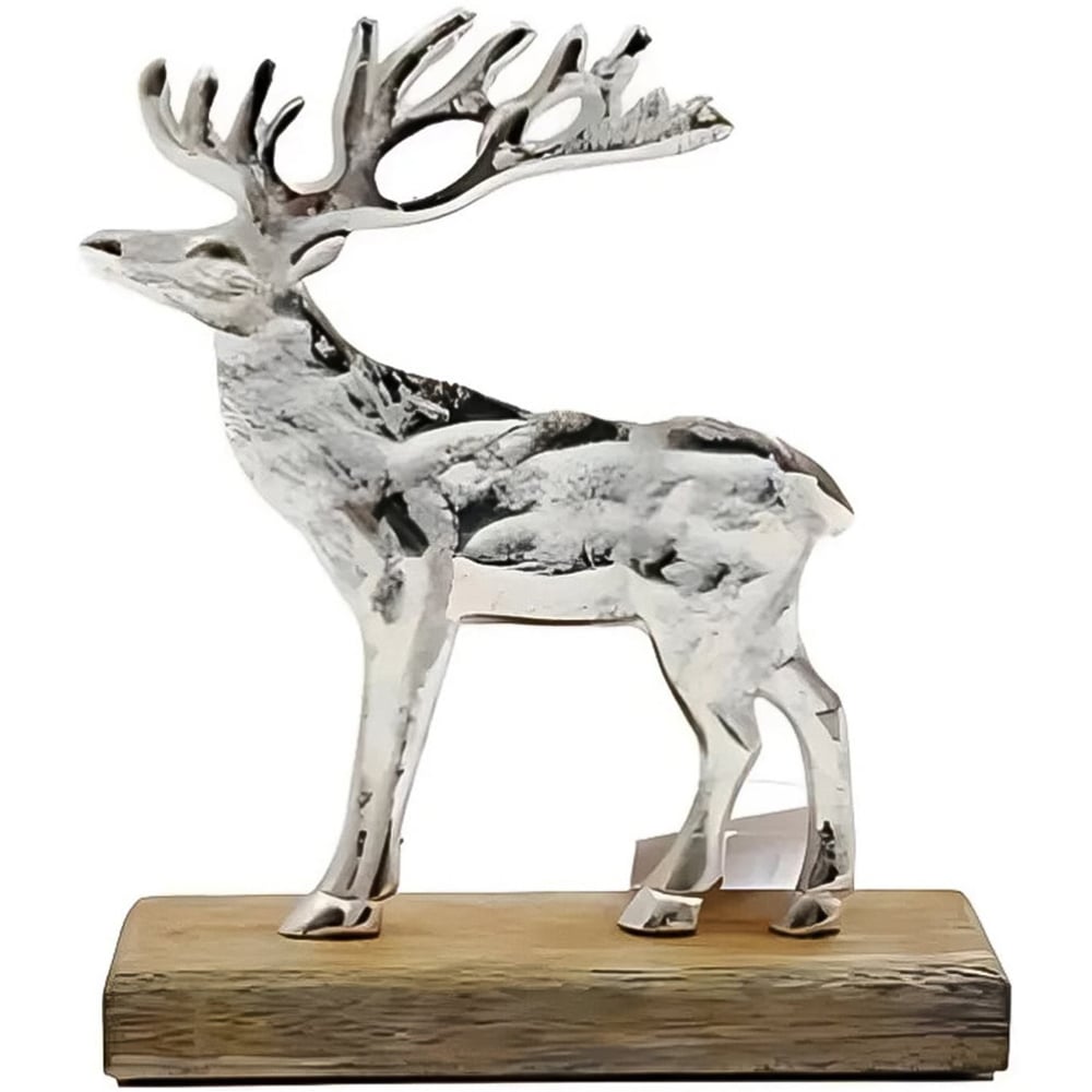 Marco Paul Silver Reindeer On Wooden Tray Christmas Decoration Image