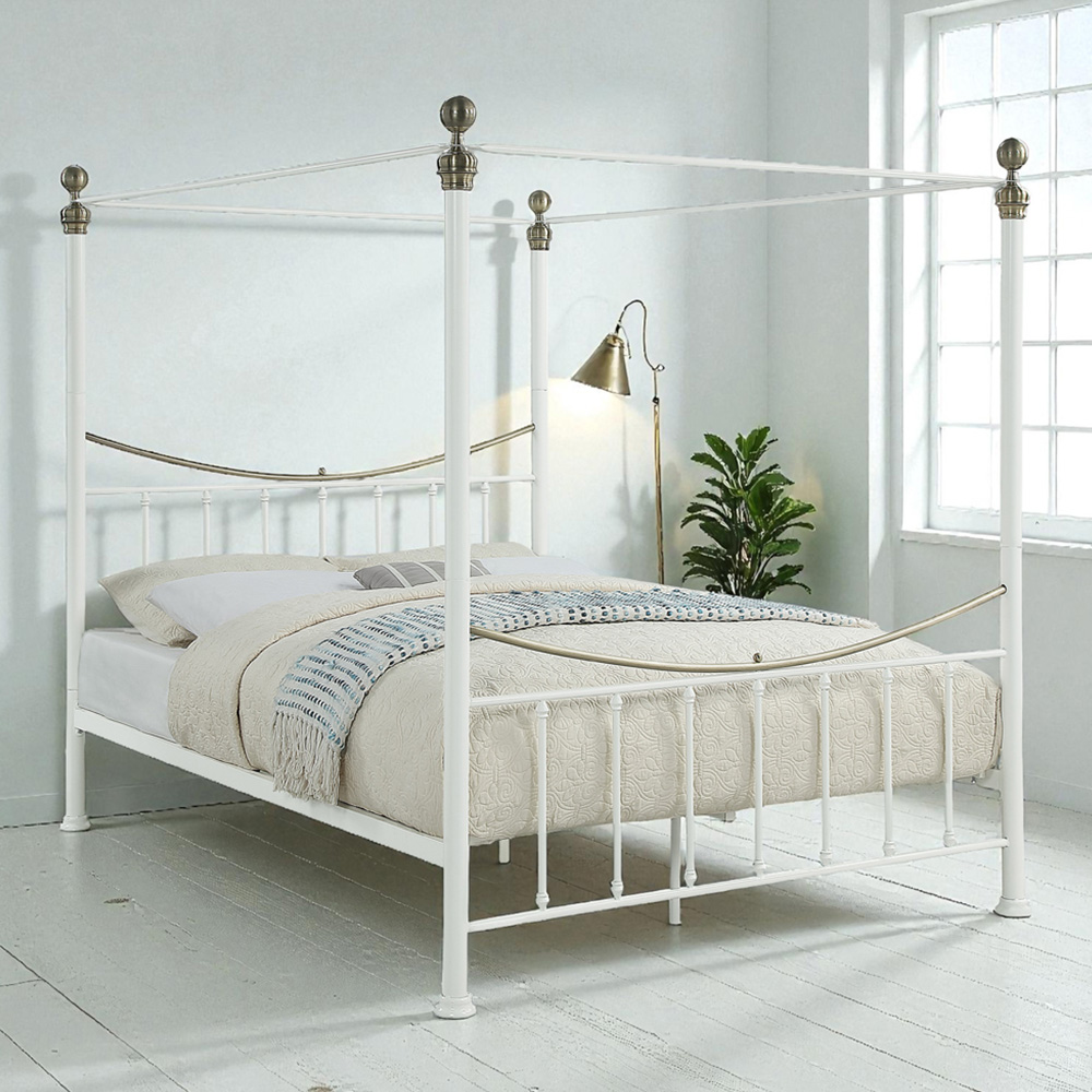 OAT Home Marylebone Double White and Brass Metal 4 Poster Bed Frame Image 1
