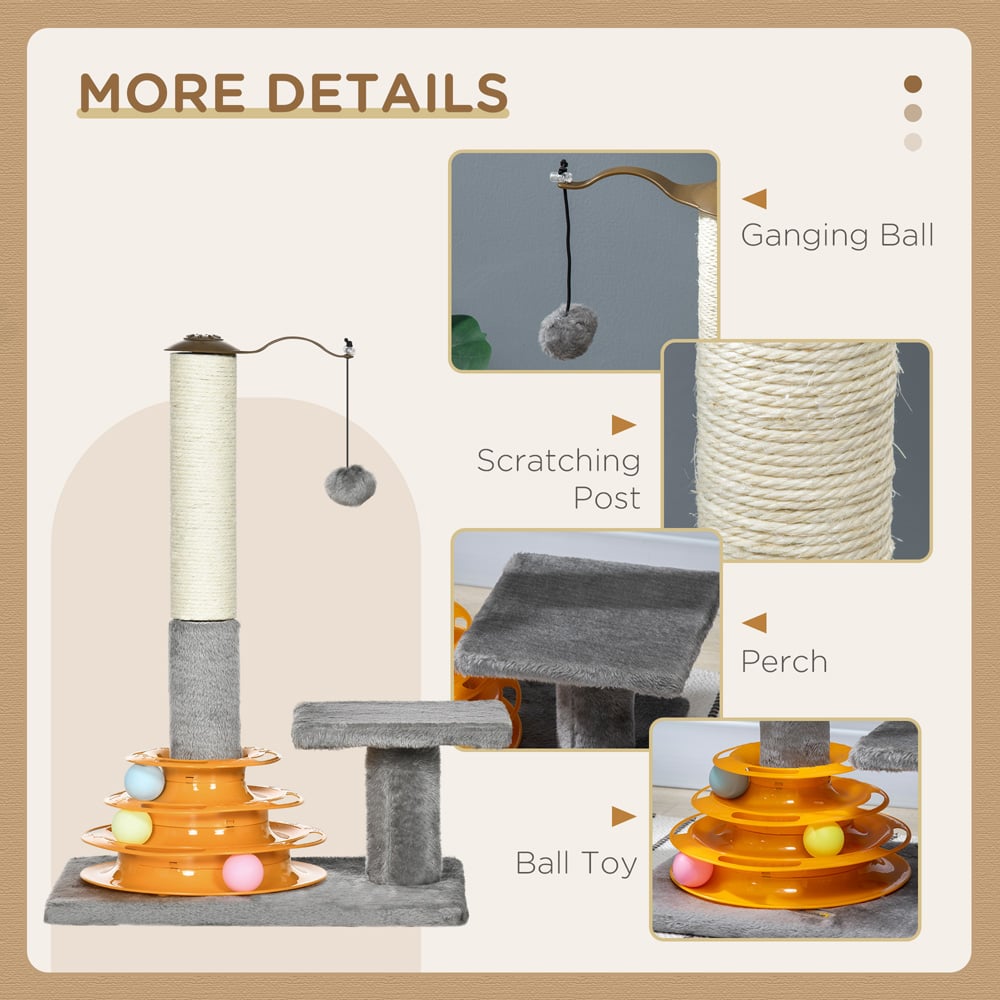 PawHut Grey Indoor Cat Tree Scratching Post with Toys Image 5