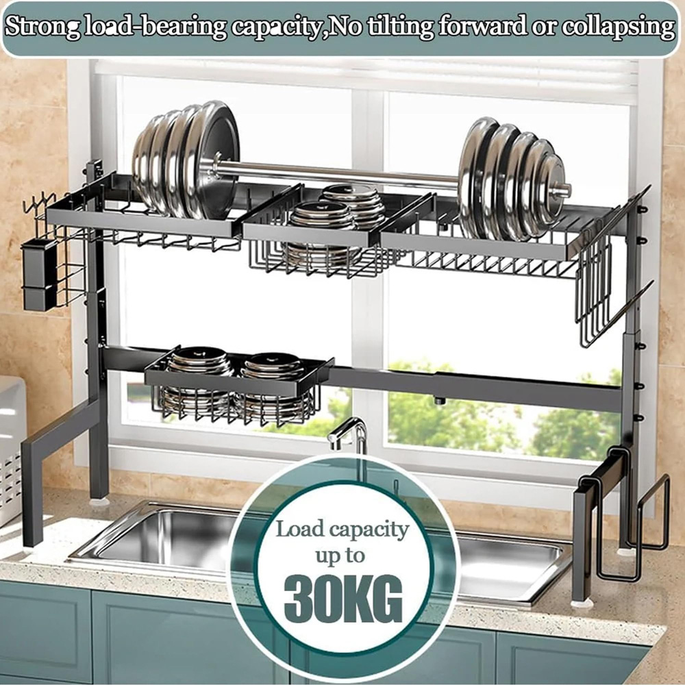 ATEK 2-Tier Black Adjustable Over Sink Kitchen Dish Drying Rack Image 6