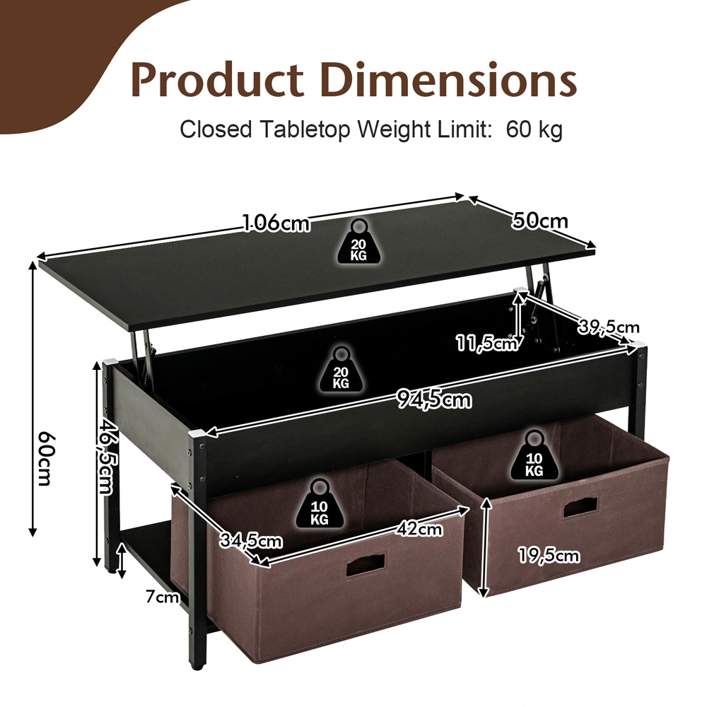 Costway 2 Drawer Black Lift Up Top Coffee Table with Hidden Storage Image 9