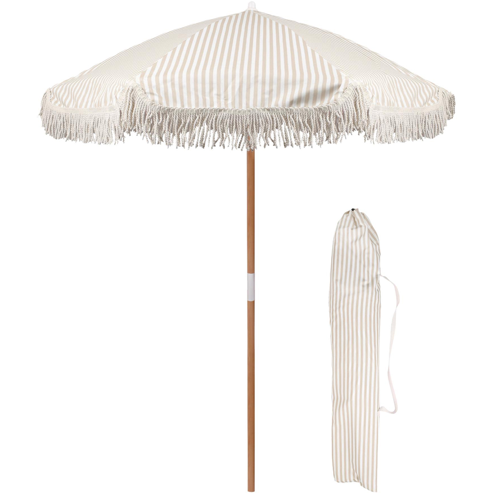 Harbour Housewares Beige Stripe Wooden Garden Parasol with Tassel Fringe 1.4m Image 3