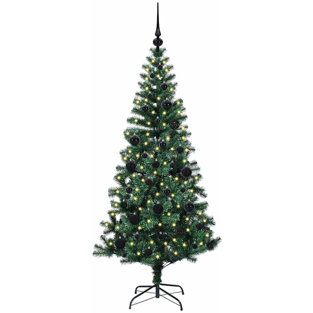 vidaXL Pre-Lit Black Baubles Green Artificial Christmas Tree 5ft Image 1