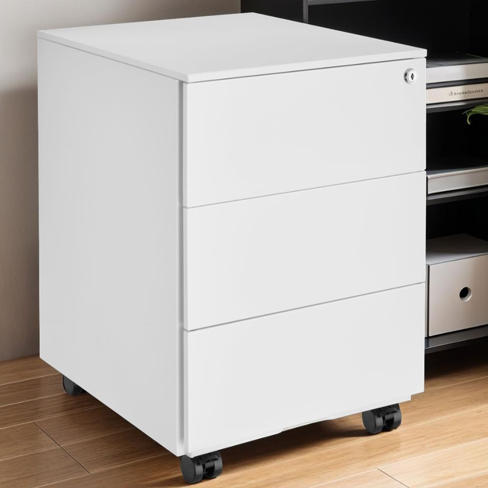 tectake Magna 3 Drawers White Lockable Chest of Drawers Image 1
