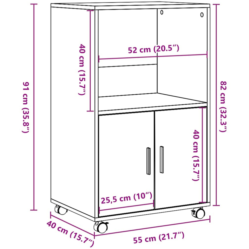 vidaXL 2 Door Single Shelf Brown Oak Rolling Cabinet Image 9