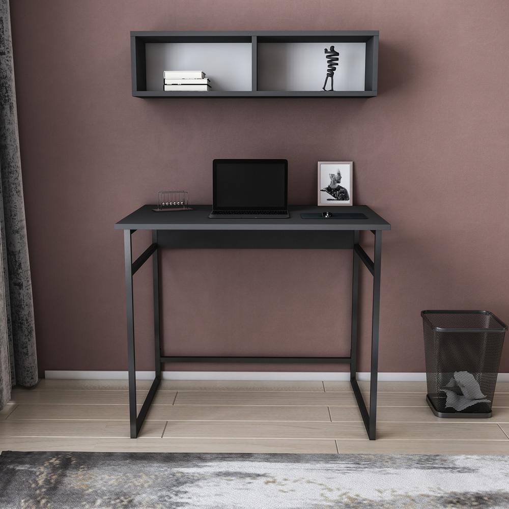 Decorotika Hussum Computer Desk with 2 Section Wall Shelf Black and Anthracite Image 5
