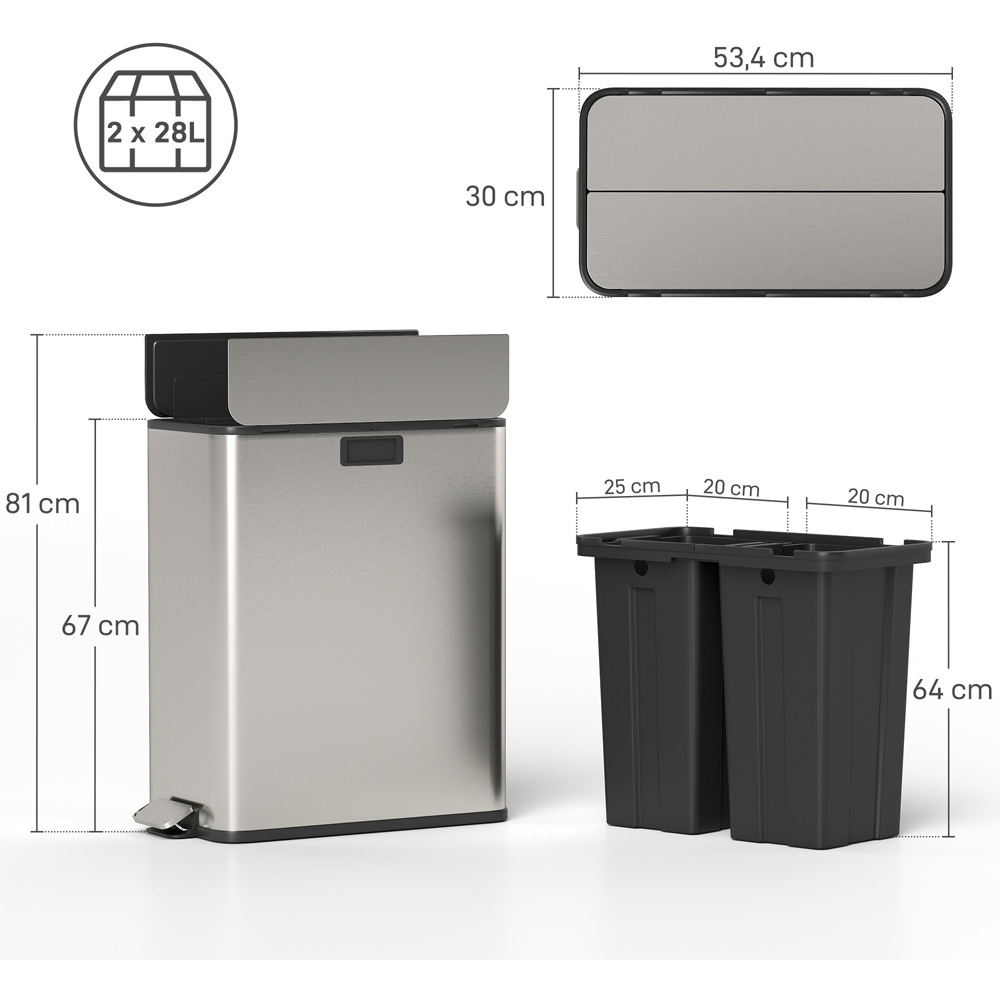 HOMCOM Double Silver Pedal Bin with Removable Inner Bucket and Soft-Close Lid 56L Image 9