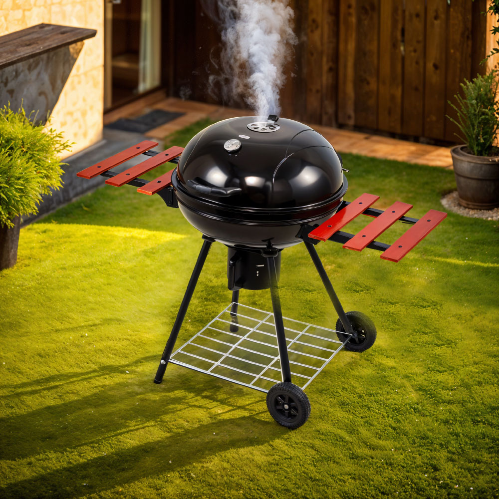 Living and Home Outdoor Charcoal BBQ Grill with 2 Wooden Shelves Image 7