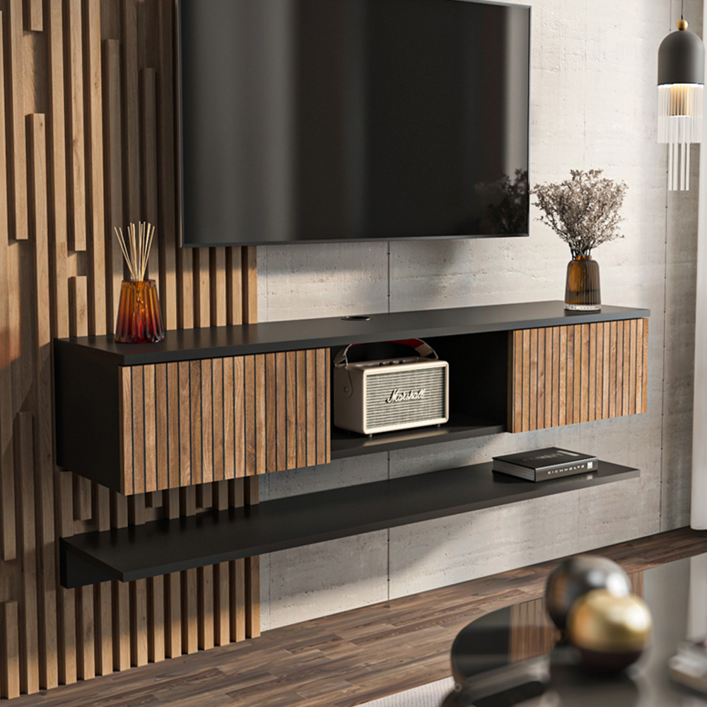 Decorotika Elia 2 Door Single Shelf Black and Alina Floating TV Unit with Wall Shelf Image 1