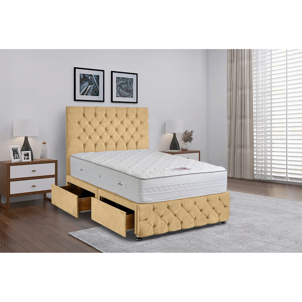 Eleganza Home Comfyzone King Size Beige Plush Velvet Divan Bed with Chesterfield Headboard Image 2
