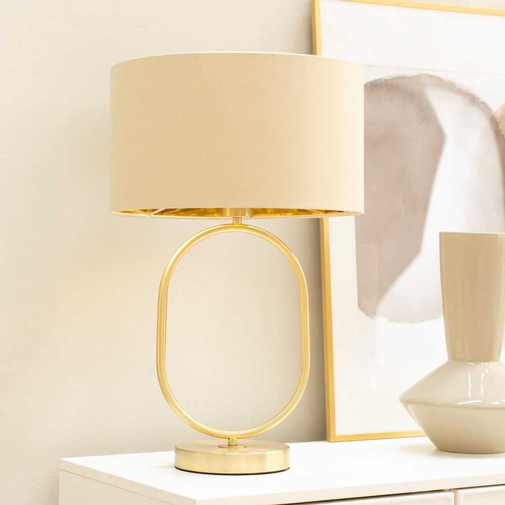 ValueLights Antonia Beige with Gold Inner Drum Shade Brushed Gold Oval LED Table Lamp Image 3