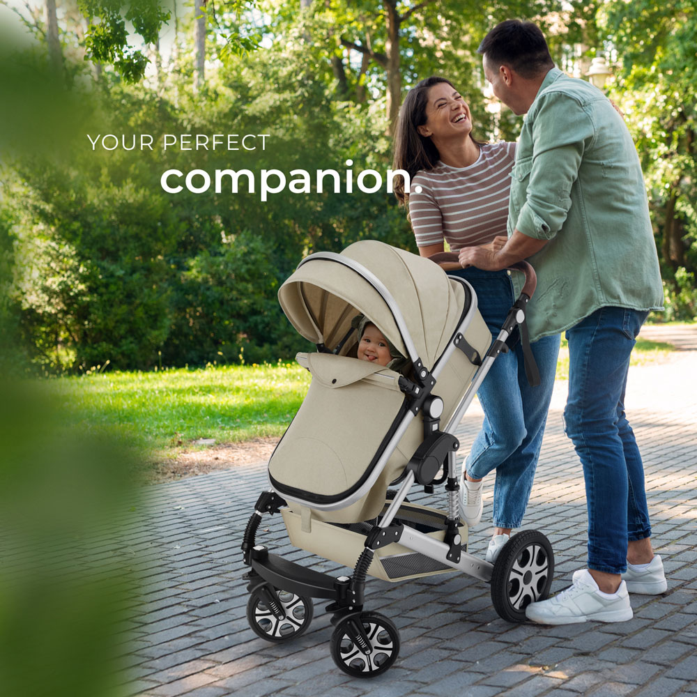 tectake Grey and Beige Foldable Pram Stroller with 5 Point Harness Safety Bar and Wrist Strap Image 3