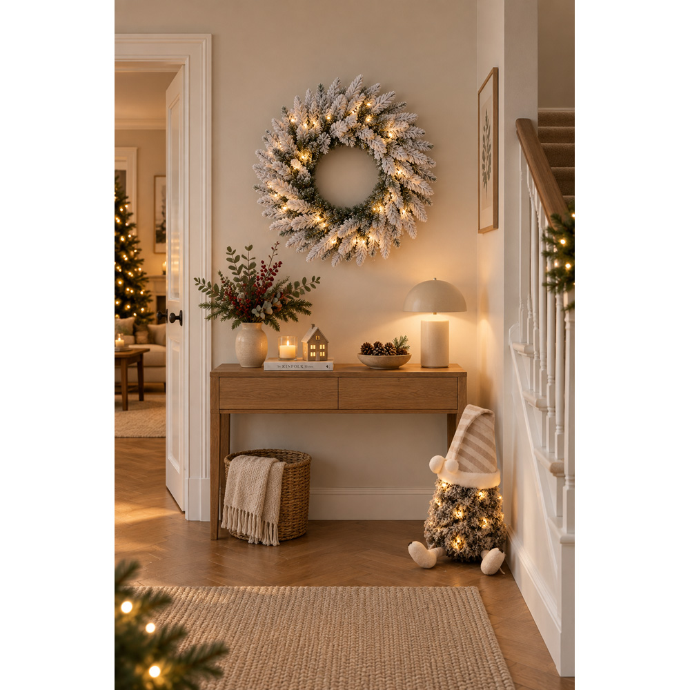 Festive Christmas Pre-Lit Snow Flocked Wreath 60cm Image 5