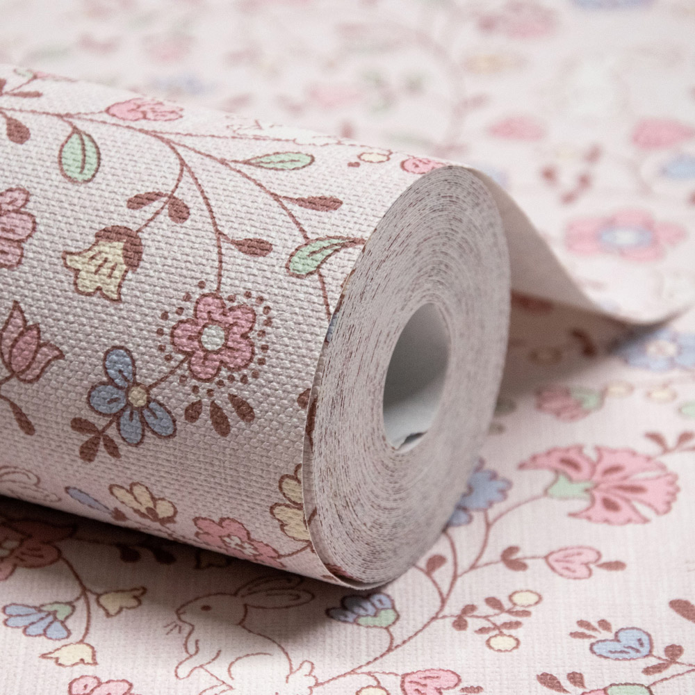 Grandeco Liberty Floral Bunny Trail Nursery Pink Textured Wallpaper Image 2