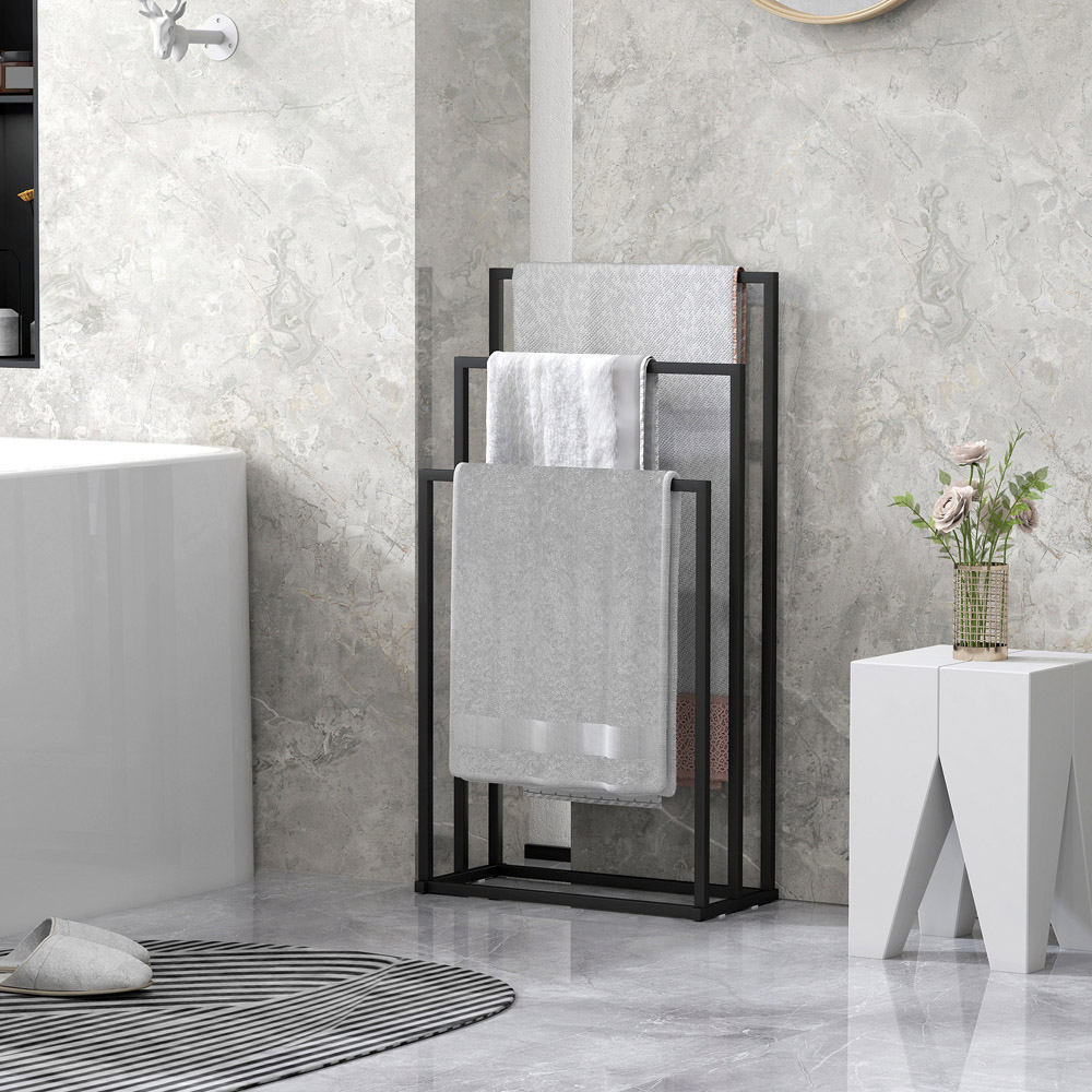 HOMCOM Black Steel Freestanding Towel Rack with 3 Bars Image 4